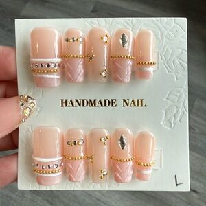 Handmade Nude Pink Press-On Nails with Gold & Silver Accents